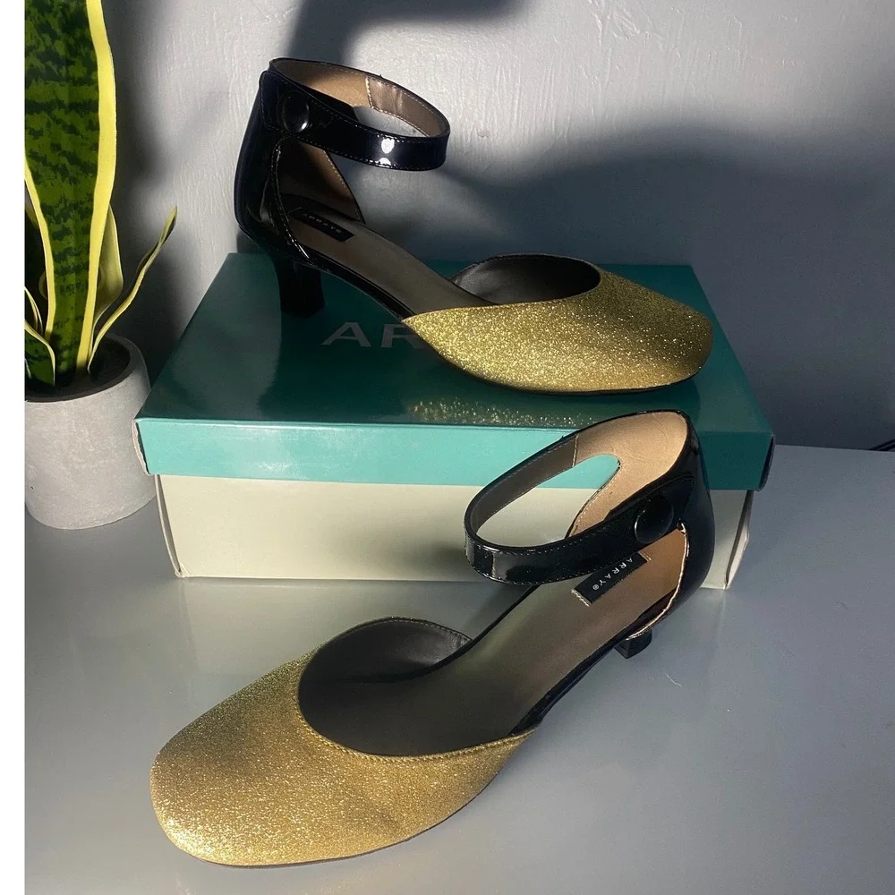 Array Charlie Gold Glitter Black Patent Ankle Strap Kitten Heels‎ 11M